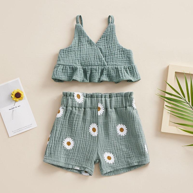 2PC Toddler Solid Ruffle Halter & Daisy Shorts Set-Shop Baby Boutiques