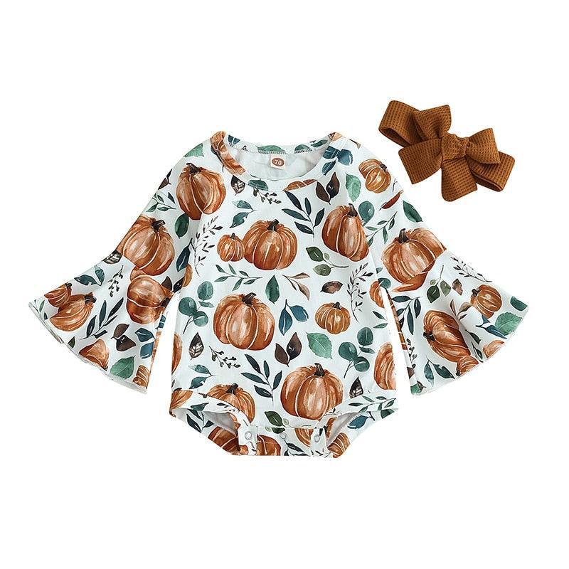 2Pcs Pumpkin Print Long Sleeve Romper and Headband Outfit-Shop Baby Boutiques