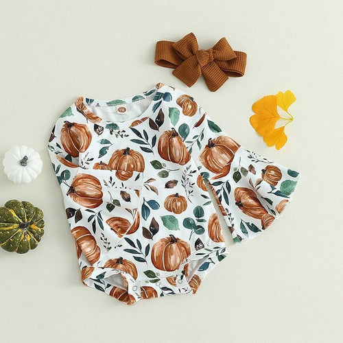 2Pcs Pumpkin Print Long Sleeve Romper and Headband Outfit - Shop Baby Boutiques 