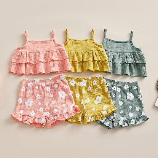 2Pcs Ruffle Layer Camisole Flower Print Short Set - Shop Baby Boutiques 