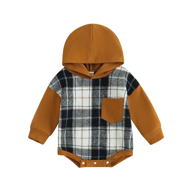 Boys Hooded Plaid Patchwork Romper - Shop Baby Boutiques 