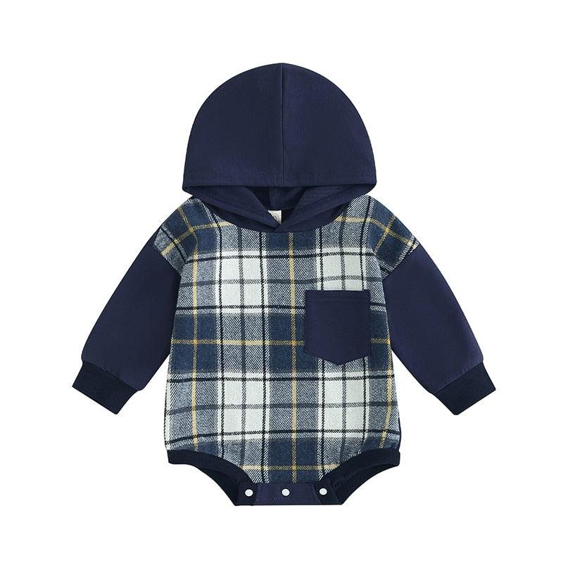 Boys Hooded Plaid Patchwork Romper - Shop Baby Boutiques 