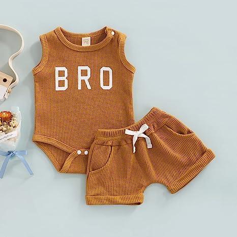 Bro Print Waffle Knit Romper Outfit - Shop Baby Boutiques 