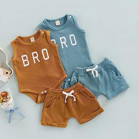 Bro Print Waffle Knit Romper Outfit - Shop Baby Boutiques 