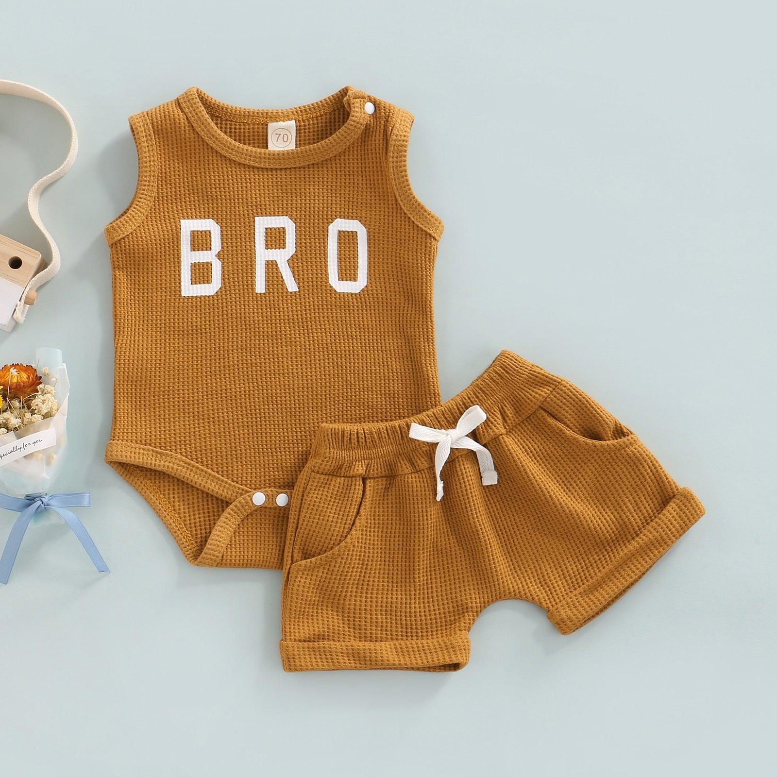 Bro Print Waffle Knit Romper Outfit - Shop Baby Boutiques 