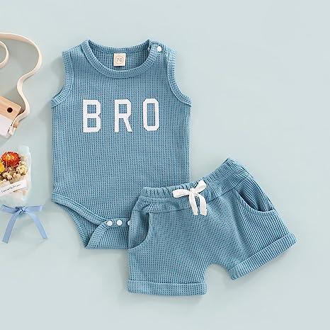 Bro Print Waffle Knit Romper Outfit - Shop Baby Boutiques 