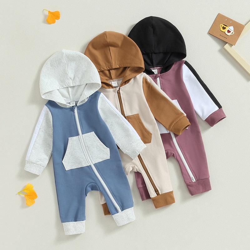 Contrast Color Hooded Zipper Romper - Shop Baby Boutiques 