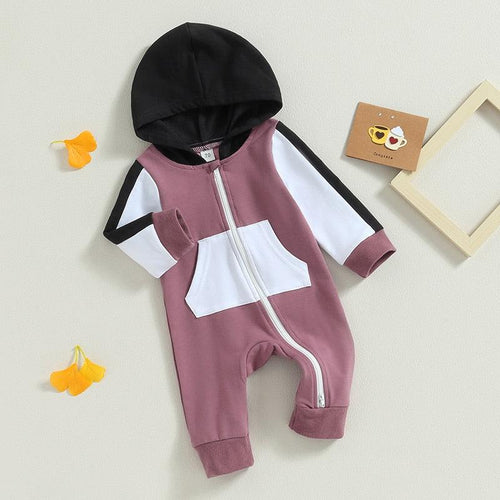 Contrast Color Hooded Zipper Romper - Shop Baby Boutiques 