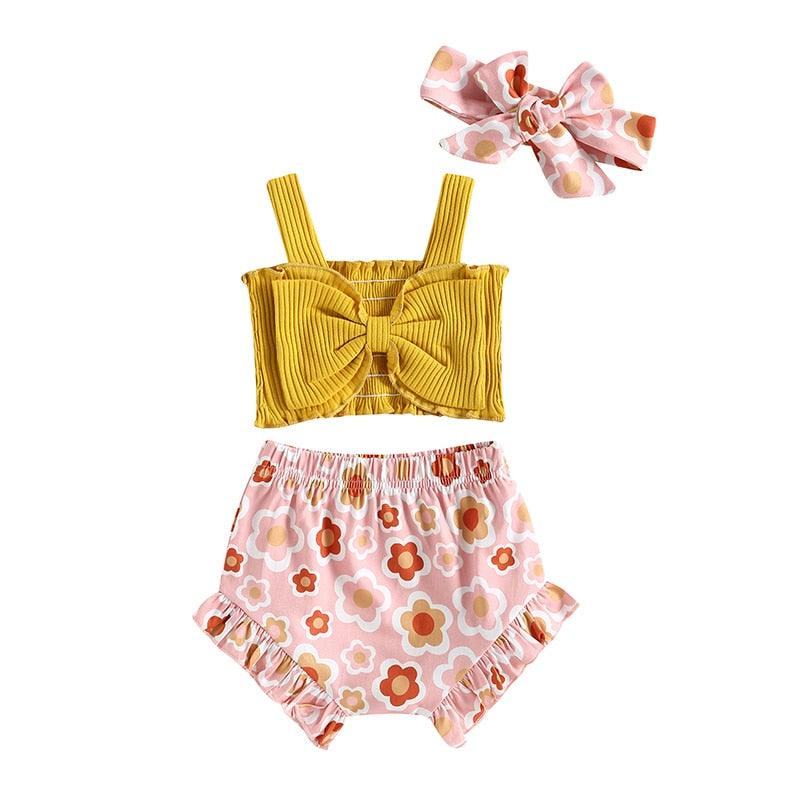 Girls 3Pcs Clothes Outfit Solid Ribbed Bowknot Tank Tops Floral Print Shorts Headband - Shop Baby Boutiques 