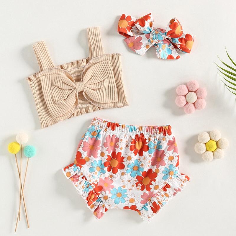 Girls 3Pcs Clothes Outfit Solid Ribbed Bowknot Tank Tops Floral Print Shorts Headband - Shop Baby Boutiques 