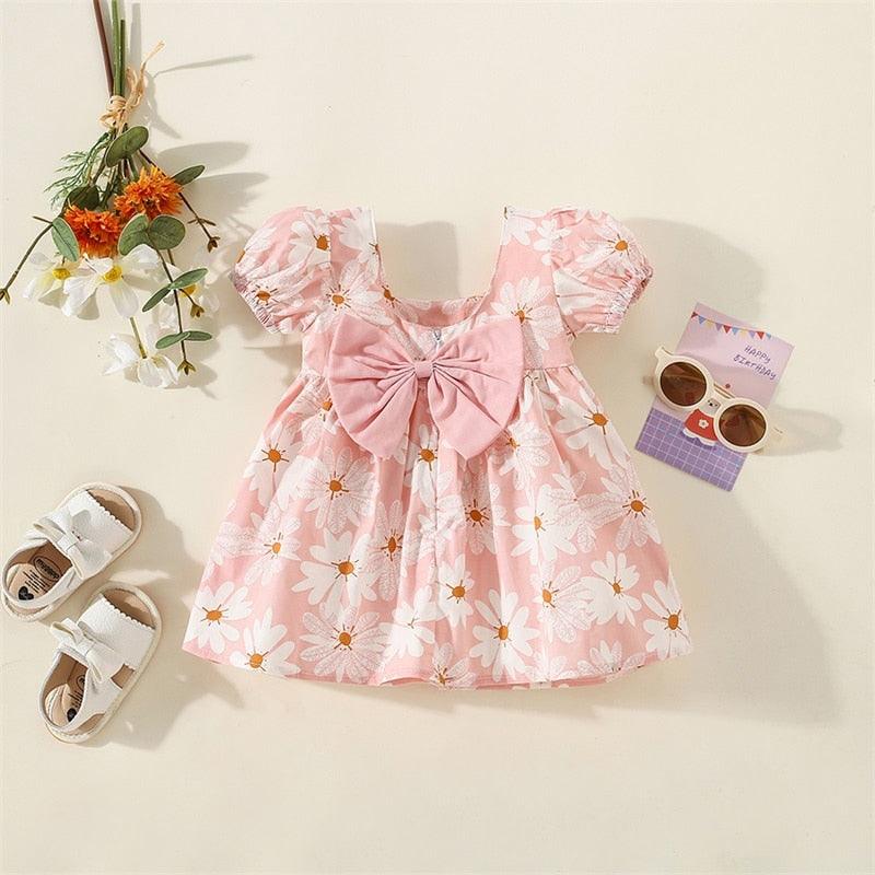 Square Neck Flower Print Bowknot Summer Dress - Shop Baby Boutiques 